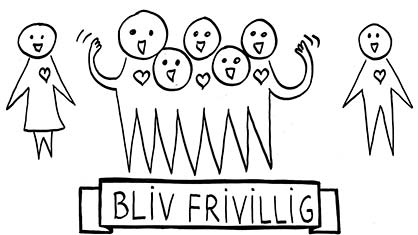 Bliv frivillig - tegning med glade mennesker med hjertet på rette sted