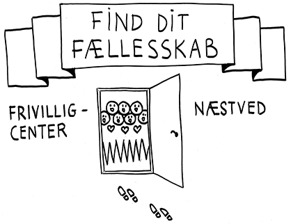 Tegning af personer, der står i døren og er klar til at byde dig velkommen i deres fællesskab
